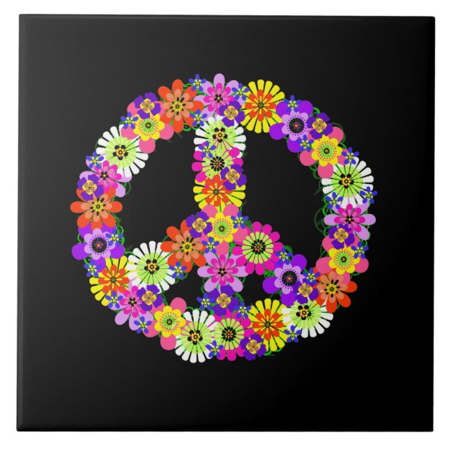 Peace Sign Floral on Black Tile (Front)