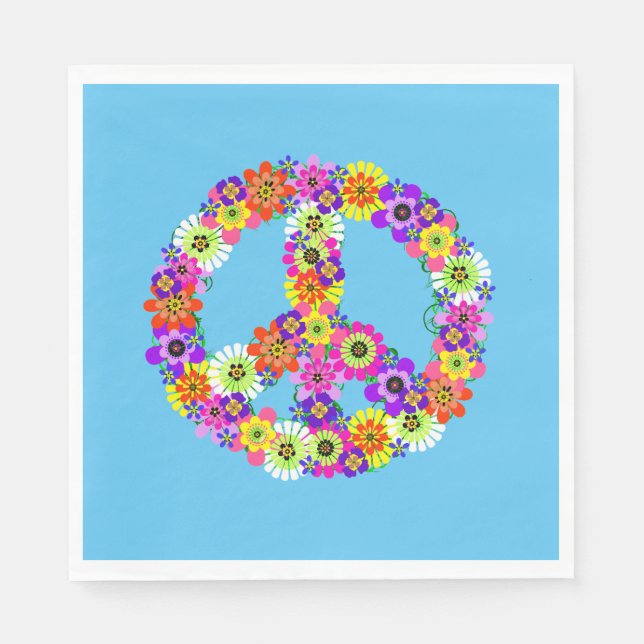 Peace Sign Floral on Blue Napkin (Front)