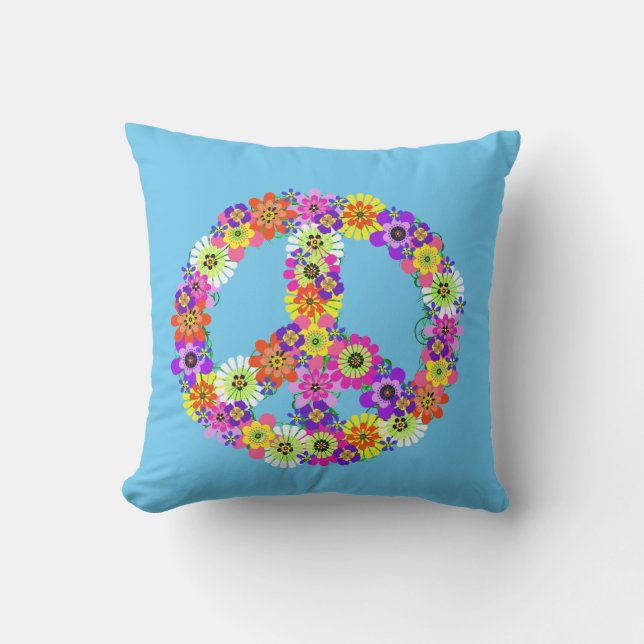 Peace Sign Floral on Blue Outdoor Pillow (Front)