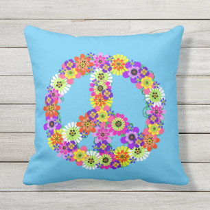 Peace Sign Floral on Blue Outdoor Pillow