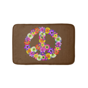 Peace Sign Floral on Brown Bath Mat