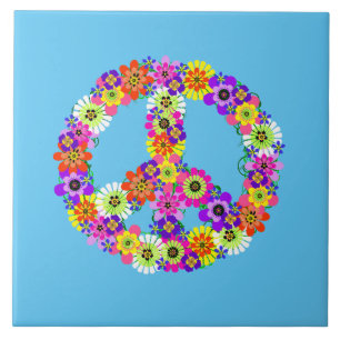 Peace Sign Floral on Light Blue Tile