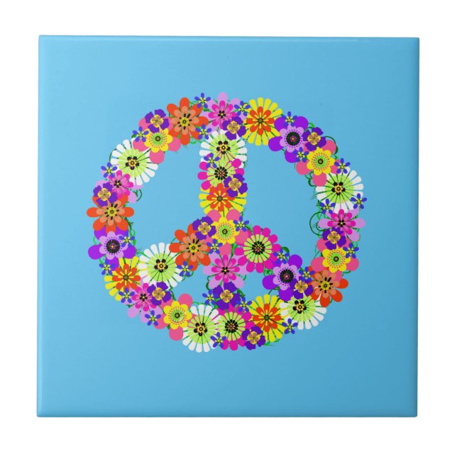 Peace Sign Floral on Light Blue Tile (Front)
