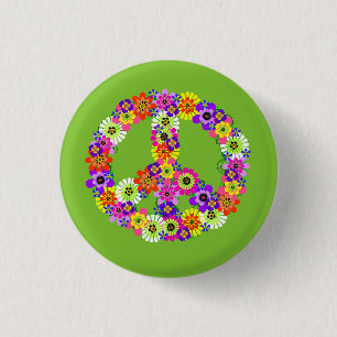Peace Sign Floral on Lime Green 1 Inch Round Button