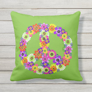 Peace Sign Floral on Lime Green Outdoor Pillow