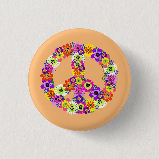 Peace Sign Floral on Peach 1 Inch Round Button (Front)