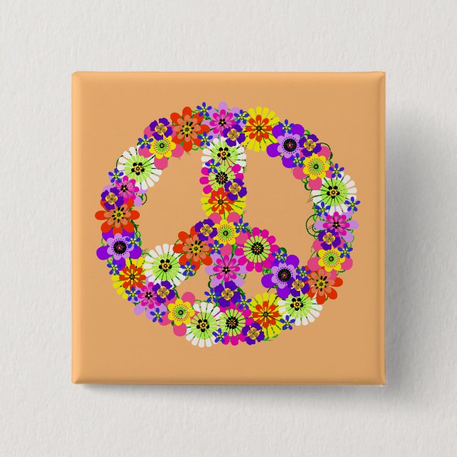 Peace Sign Floral on Peach 2 Inch Square Button (Front)