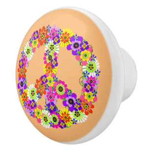 Peace Sign Floral on Peach Ceramic Knob