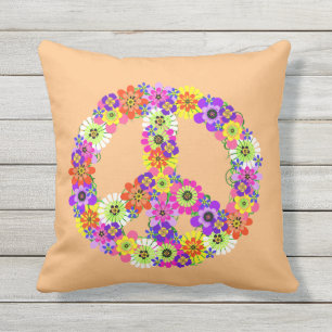 Peace Sign Floral on Peach Outdoor Pillow