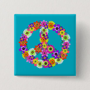 Peace Sign Floral on Turquoise 2 Inch Square Button