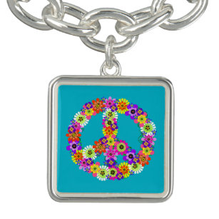 Peace Sign Floral on Turquoise Charm Bracelet