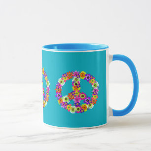 Peace Sign Floral on Turquoise Mug