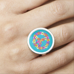 Peace Sign Floral on Turquoise Ring