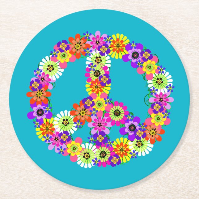 Peace Sign Floral on Turquoise Round Paper Coaster (Front)