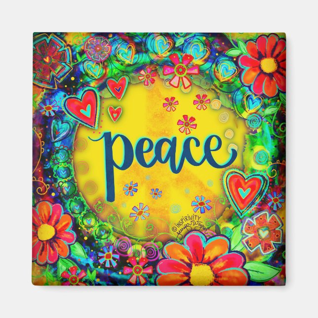 Peace Sign Fun Yellow Colourful Floral Inspirivity Magnet (Front)