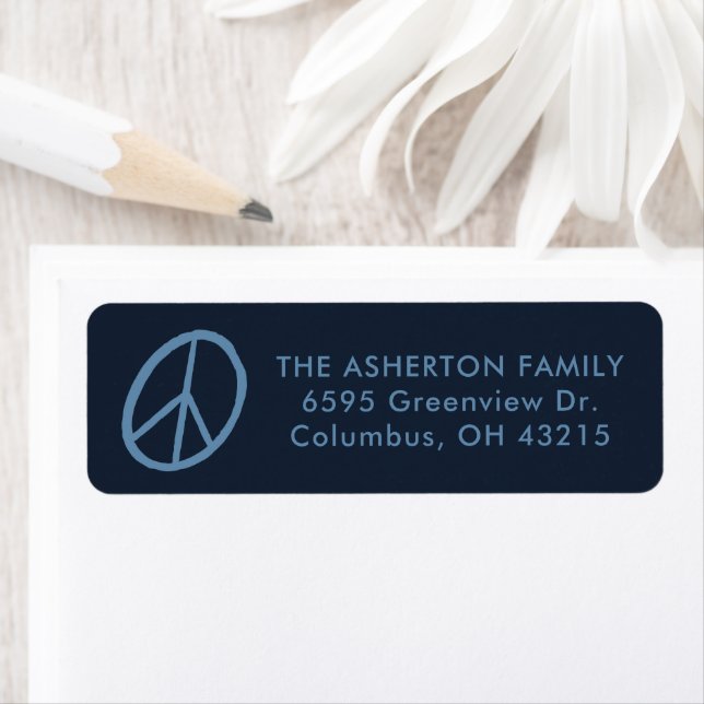 Peace sign hand drawn blue holiday return address (Insitu)