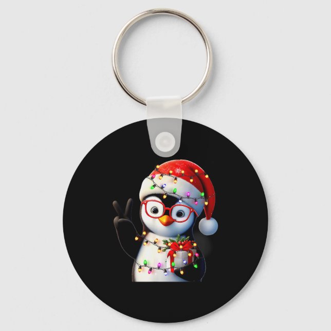 Peace Sign Hand Penguin Santa Christmas Penguin Pa Keychain (Front)