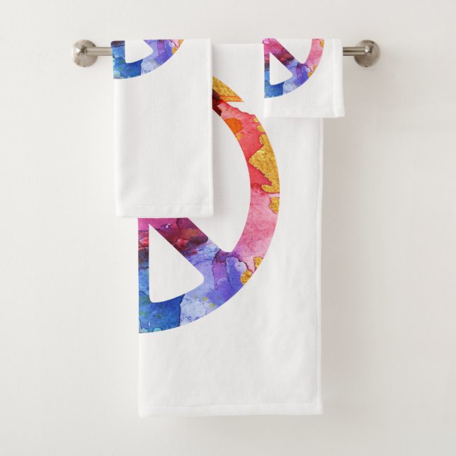 Peace Sign, Hippie Emoticon Watercolor Art Bath Towel Set (Insitu)