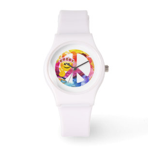 Peace Sign, Hippie Emoticon Watercolor Art Watch