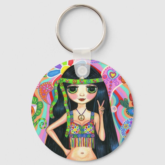 Peace Sign Hippie Girl Keychain (Front)