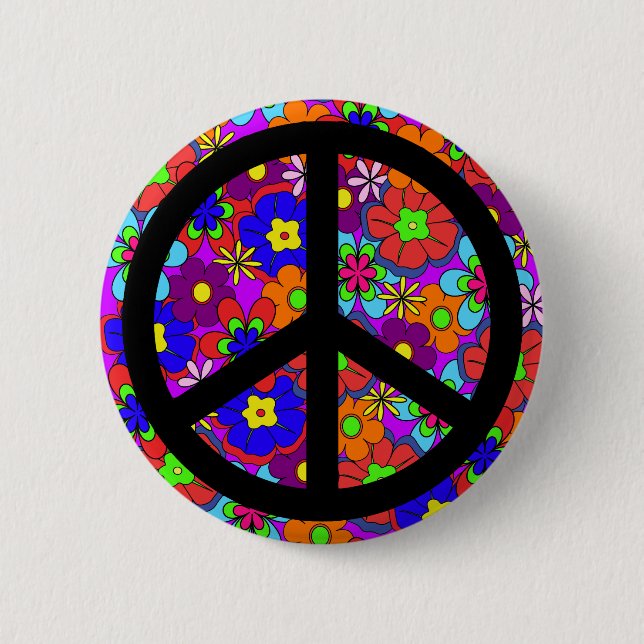 Peace Sign Hippy Flowers Retro 2 Inch Round Button (Front)