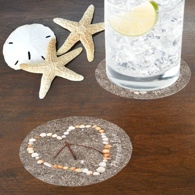 Peace Sign in Heart of Seashells Beachy Coastal Round Paper Coaster (Creator Uploaded)