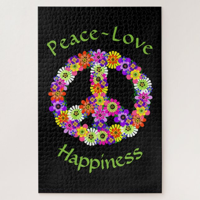 Peace Sign Love & Happiness on Black Jigsaw Puzzle (Vertical)
