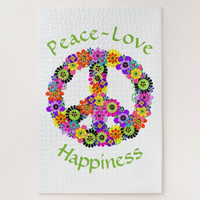 Peace Sign Love & Happiness on White Jigsaw Puzzle (Vertical)