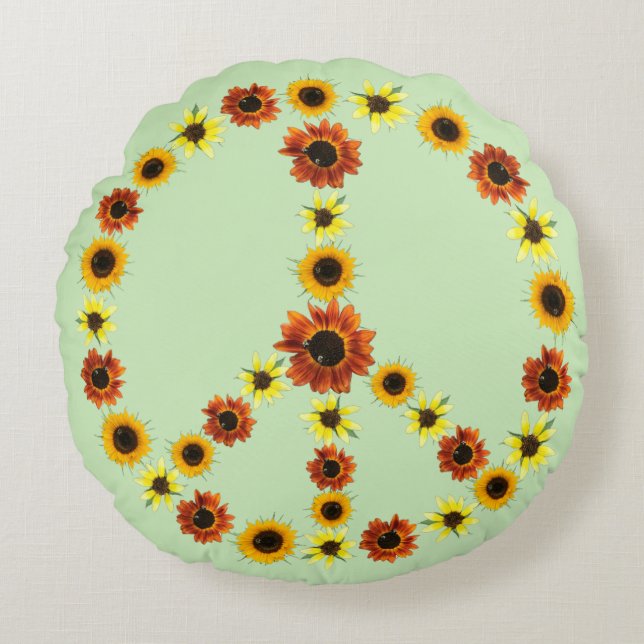 Peace Sign of Sunflowers, Pale Green Round Pillows (Front)