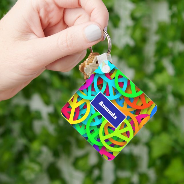 Peace Sign Pattern Groovy Sixties Vibe Keychain (Hand)