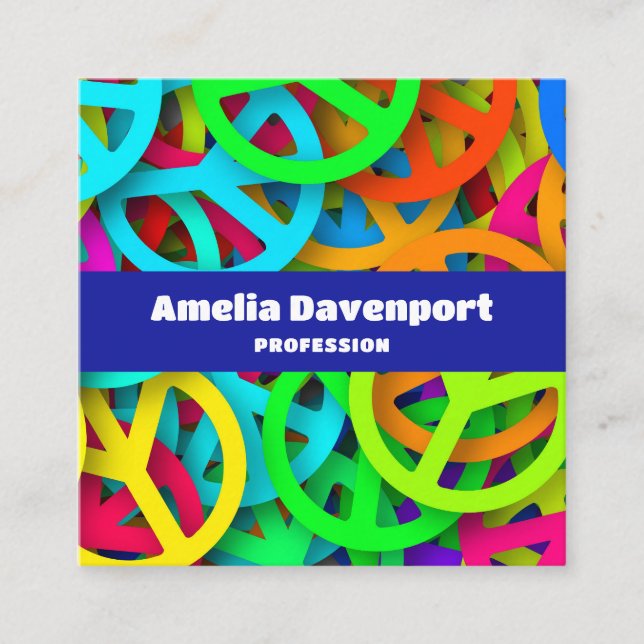 Peace Sign Pattern Groovy Sixties Vibe Square Business Card (Front)