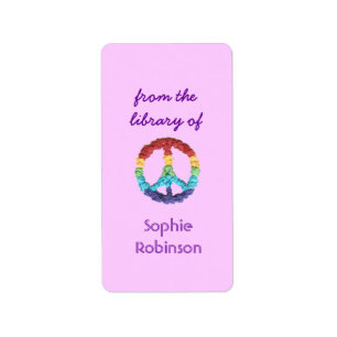 Peace sign personalized bookplate - pink vertical label