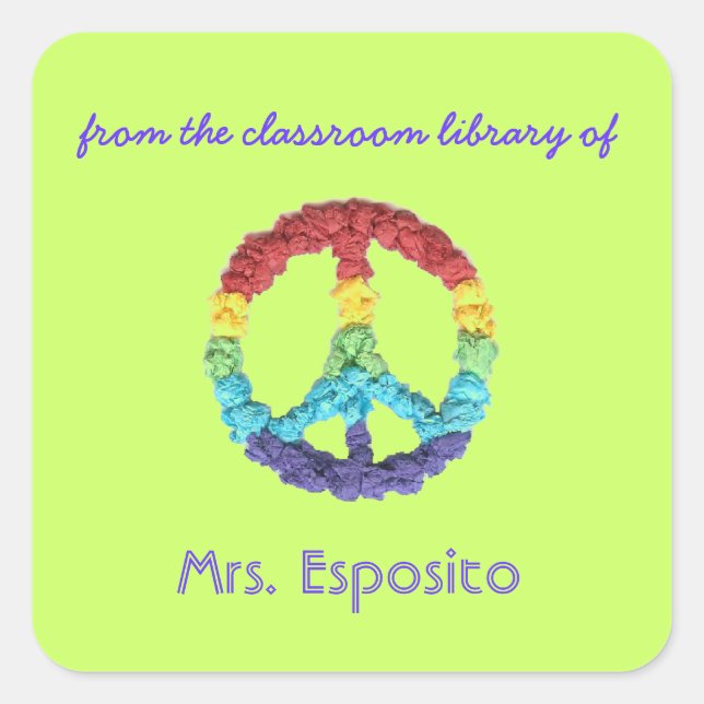 Peace sign personalized teacher gift bookplate square sticker (Front)