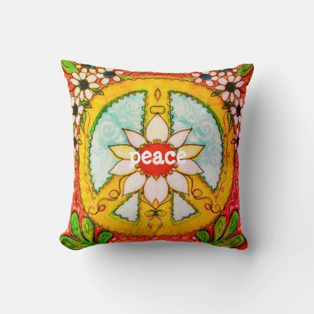 Peace Sign Pillow Daisy Love Hippie Boho (Front)