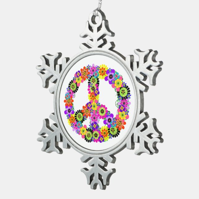 Peace Sign Snowflake Pewter Christmas Ornament (Right)