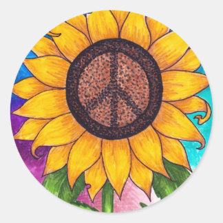 Peace Sign Sunflower Stationary Classic Round Sticker