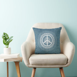 PEACE Sign Symbol Hippie Daisy Denim Jeans Blue Throw Pillow