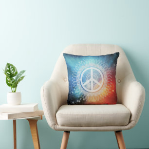 PEACE Sign Symbol Mandala Daisy Space Hippie Throw Pillow