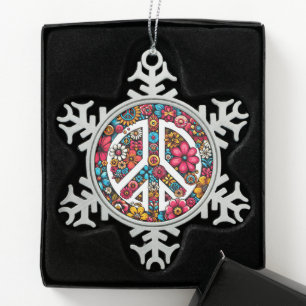 Peace Sign Symbol with flowers Snowflake Pewter Christmas Ornament