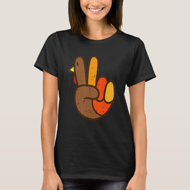 Peace Sign Turkey Hand Cool Thanksgiving Hippie Me T-Shirt (Front)