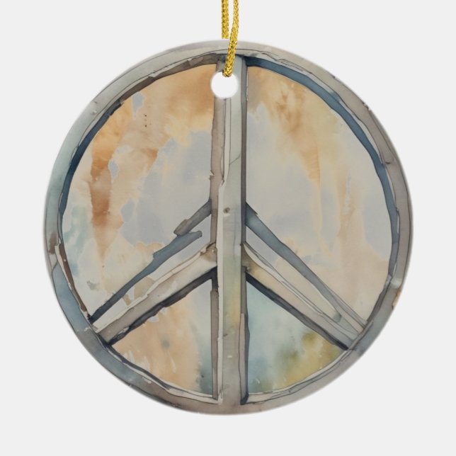 Peace Sign Watercolor Painting Art Ceramic Ornament (Front)