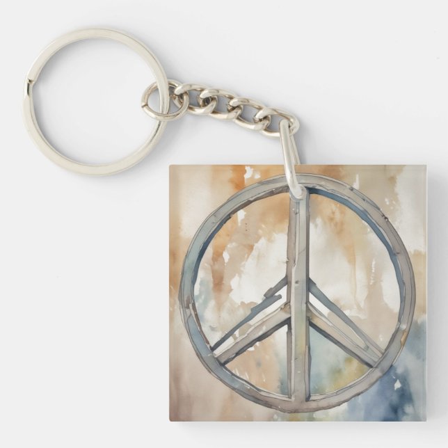Peace Sign Watercolor Painting Art Keychain (Front)