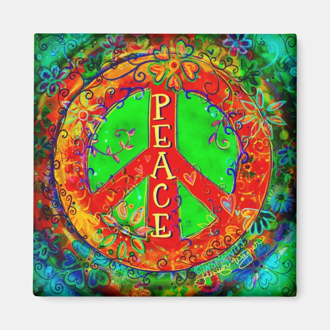 Peace Sign Whimsical Colourful BoHo Floral Magnet (Front)