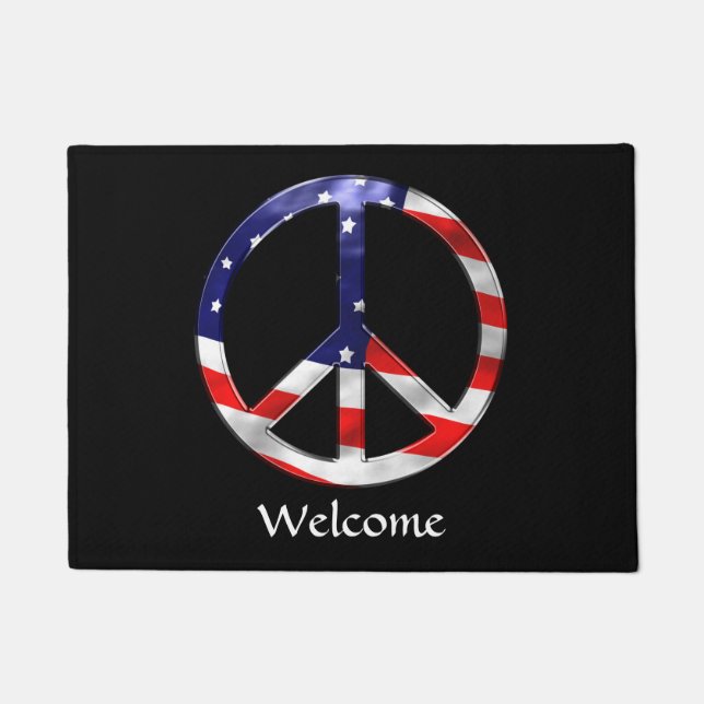Peace Sign with American Flag Personalize Doormat (Front)