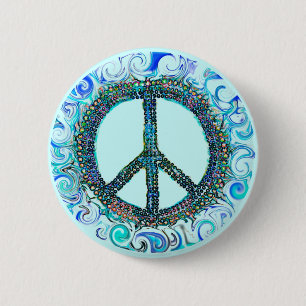 Peace Sign With Blue Waves 2 Inch Round Button