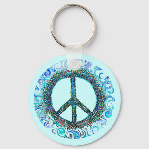 Peace Sign With Blue Waves Keychain