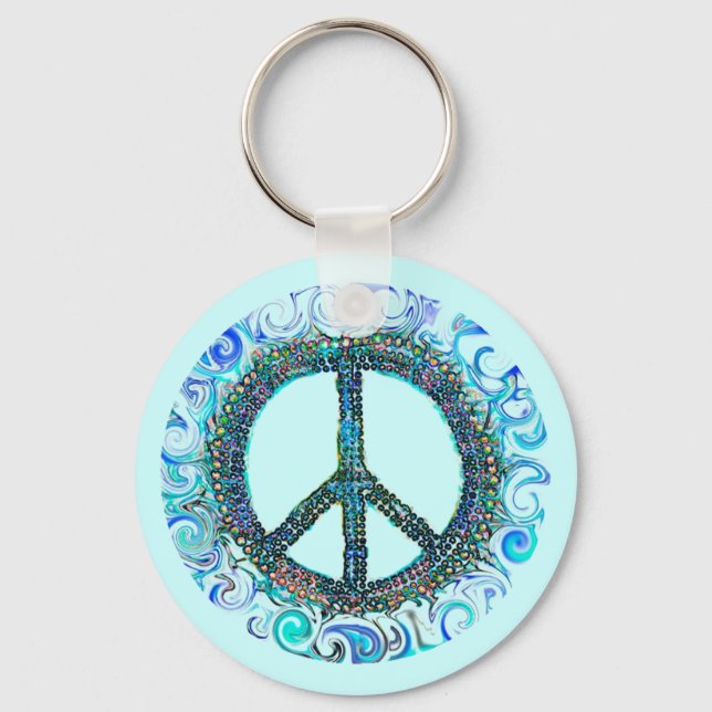 Peace Sign With Blue Waves Keychain (Front)