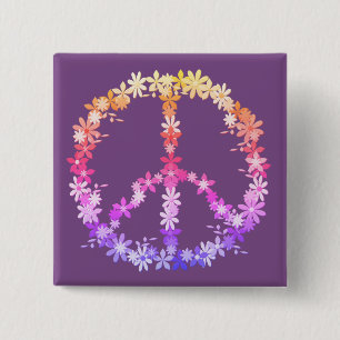 Peace sign with colourful flowers 2 inch square button