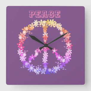 Peace sign with colourful flowers,Personalized Square Wall Clock
