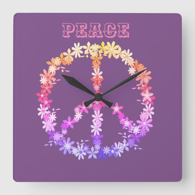 Peace sign with colourful flowers,Personalized Square Wall Clock (Front)